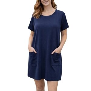 Eileen Fisher Stretch Cotton Tee Shirt Mini Dress Sz Med Navy Blue Lagenlook